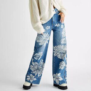 NWT Free People Blue Talia Trouser Floral Flare Denim Jeans 26